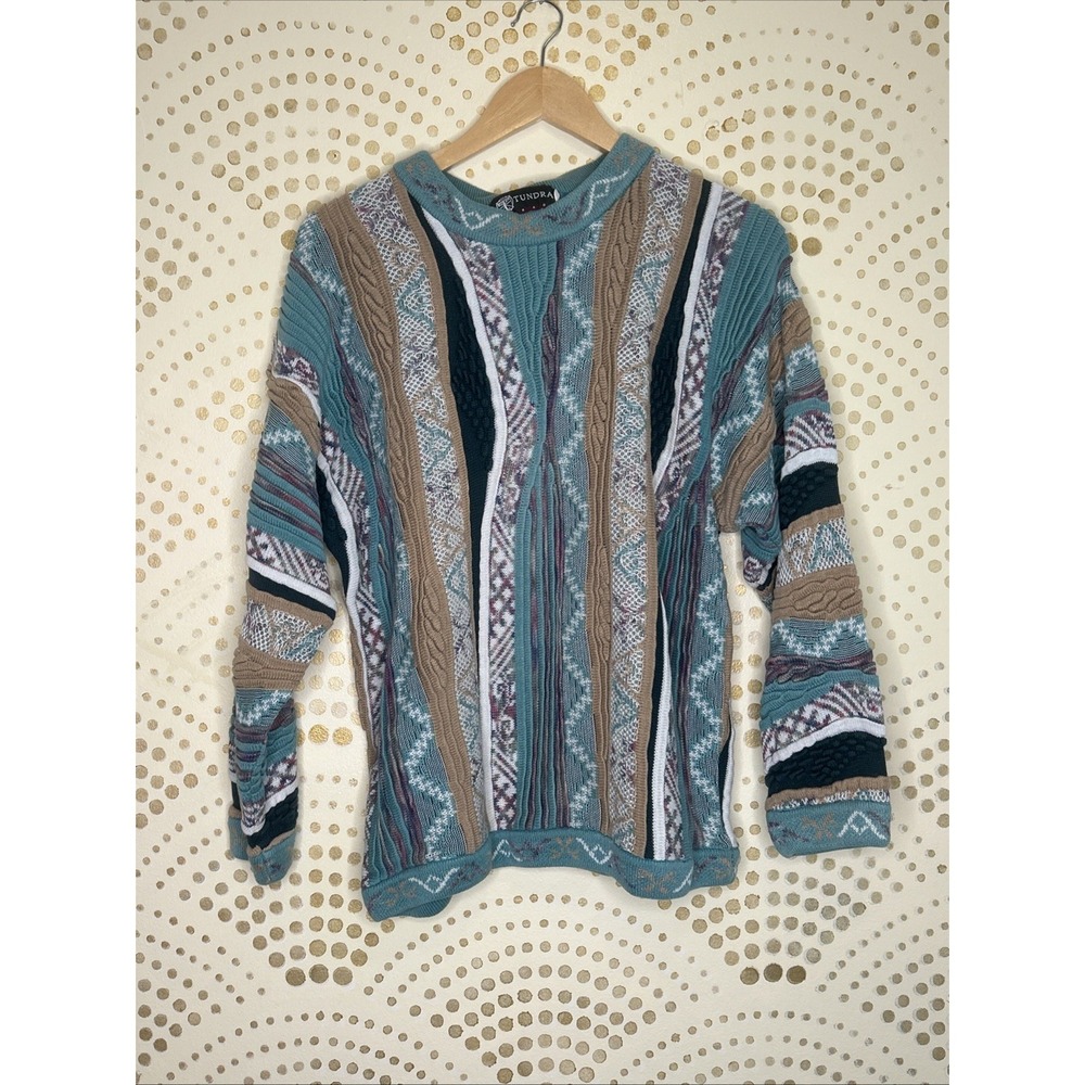 Vintage Tundra Canada Sweater Men Large Multicolor‎ 3D Knit Abstract Coogi Style